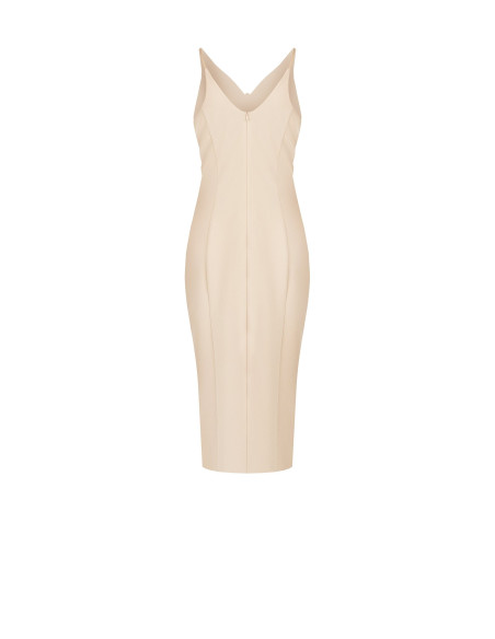 Vestido tubo em crepe scuba com decote em V duplo e pregadeira decorativa Rinascimento
