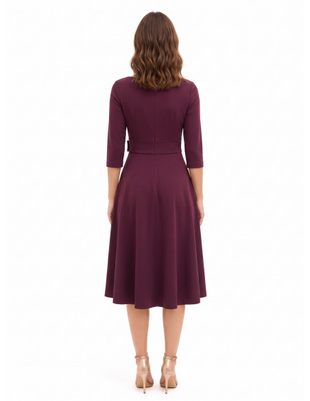 Vestido midi evasé de poliviscose com detalhe de fivela e mangas a 3/4 Rinascimento