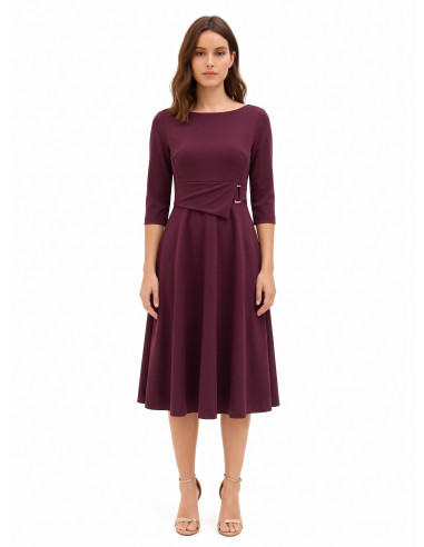 Vestido midi evasé de poliviscose com detalhe de fivela e mangas a 3/4 Rinascimento