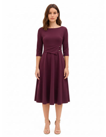 Vestido midi evasé de poliviscose com detalhe de fivela e mangas a 3/4 Rinascimento