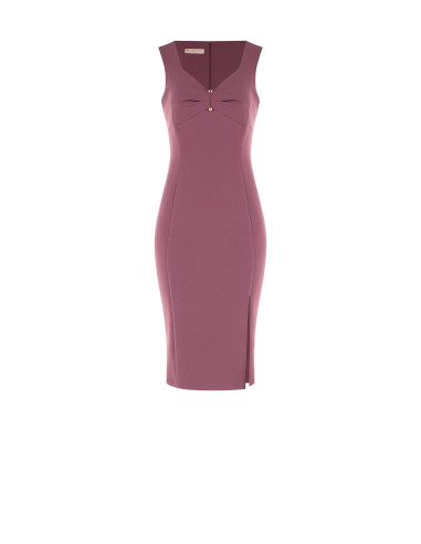 Vestido justo em crepe scuba com decote em coração e detalhe metálico Rinascimento