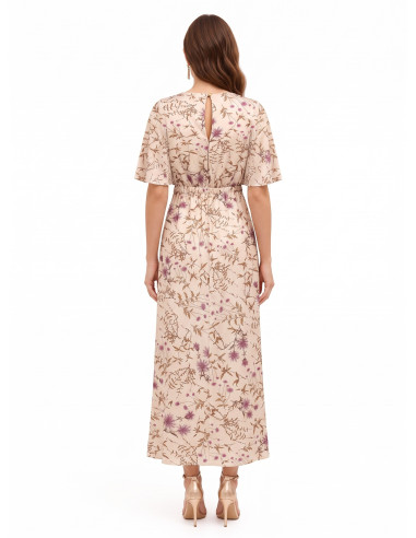 Vestido comprido de cetim floral franzido nas ancas Rinascimento