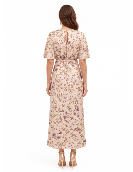 Vestido comprido de cetim floral franzido nas ancas Rinascimento