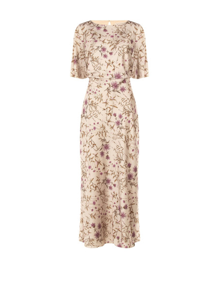 Vestido comprido de cetim floral franzido nas ancas Rinascimento