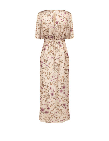 Vestido comprido de cetim floral franzido nas ancas Rinascimento