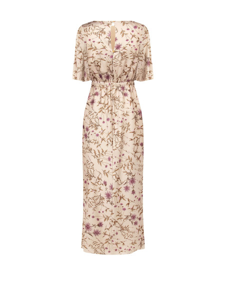 Vestido comprido de cetim floral franzido nas ancas Rinascimento