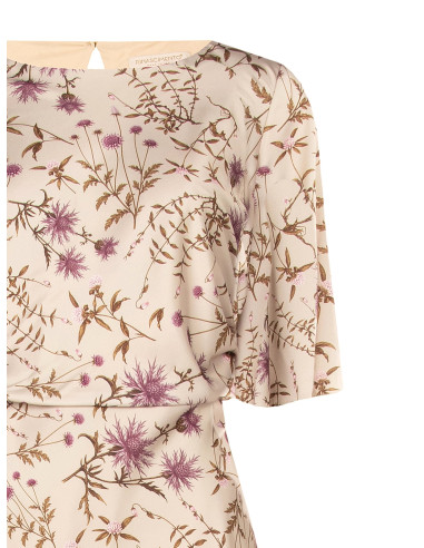 Vestido comprido de cetim floral franzido nas ancas Rinascimento