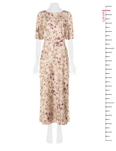 Vestido comprido de cetim floral franzido nas ancas Rinascimento
