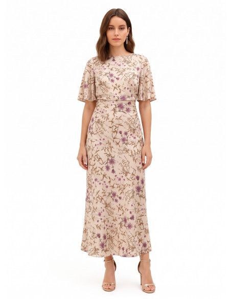 Vestido comprido de cetim floral franzido nas ancas Rinascimento