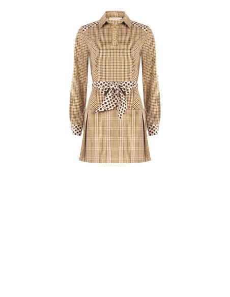 Vestido-camisa curto em mistura de viscose com padrão axadrezado, cinto às bolinhas e logótipo RR a condizer Rinascimento