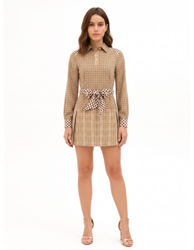 Vestido-camisa curto em mistura de viscose com padrão axadrezado, cinto às bolinhas e logótipo RR a condizer Rinascimento