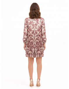 Vestido curto plissado amplo em cetim com estampado paisley e decote com laços Rinascimento 2