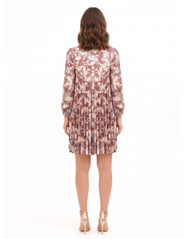 Vestido curto plissado amplo em cetim com estampado paisley e decote com laços Rinascimento