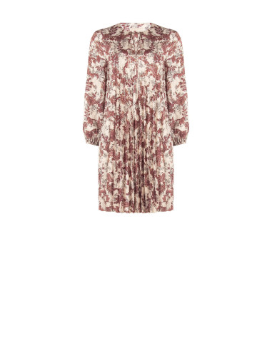 Vestido curto plissado amplo em cetim com estampado paisley e decote com laços Rinascimento
