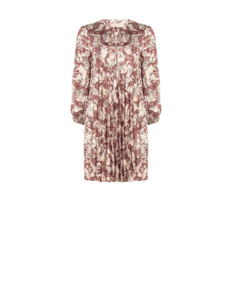 Vestido curto plissado amplo em cetim com estampado paisley e decote com laços Rinascimento