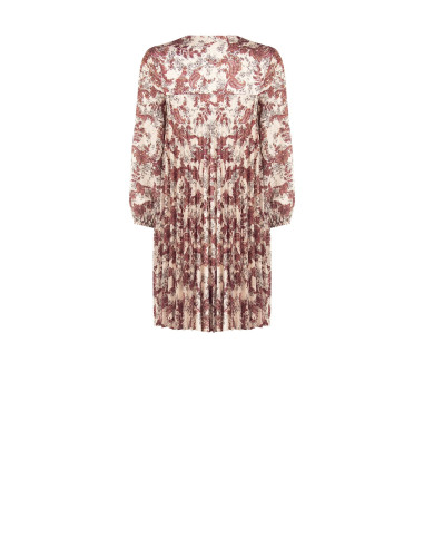 Vestido curto plissado amplo em cetim com estampado paisley e decote com laços Rinascimento