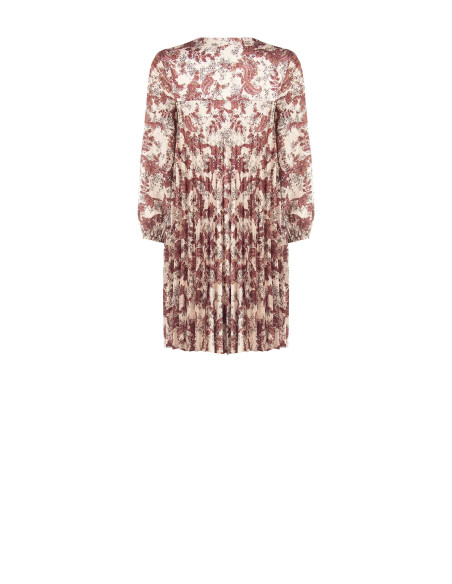 Vestido curto plissado amplo em cetim com estampado paisley e decote com laços Rinascimento