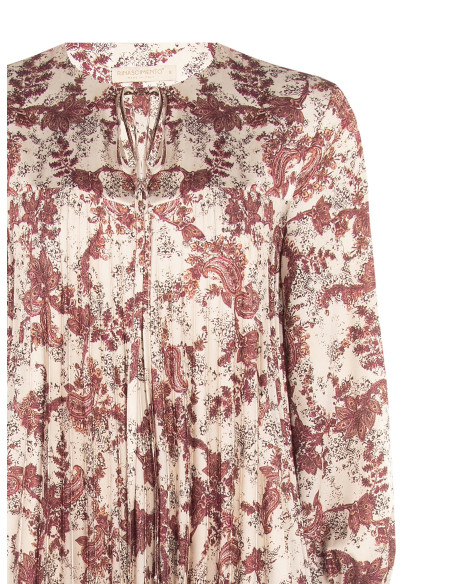 Vestido curto plissado amplo em cetim com estampado paisley e decote com laços Rinascimento