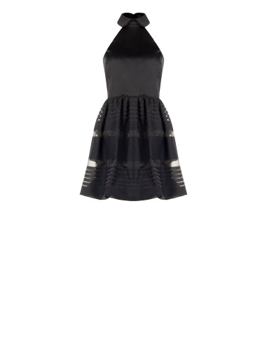 Vestido curto tipo balão em tule com riscas transparentes e parte superior em cetim Rinascimento