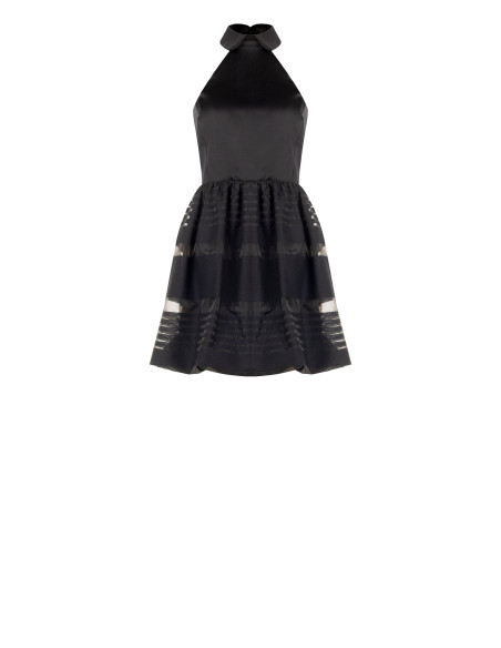 Vestido curto tipo balão em tule com riscas transparentes e parte superior em cetim Rinascimento