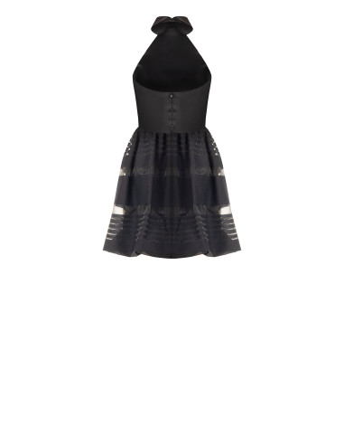 Vestido curto tipo balão em tule com riscas transparentes e parte superior em cetim Rinascimento