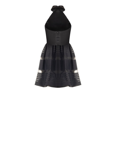 Vestido curto tipo balão em tule com riscas transparentes e parte superior em cetim Rinascimento