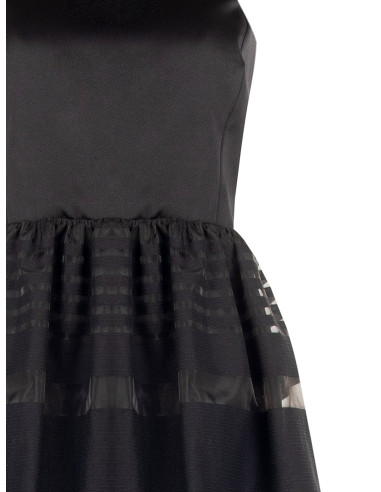 Vestido curto tipo balão em tule com riscas transparentes e parte superior em cetim Rinascimento