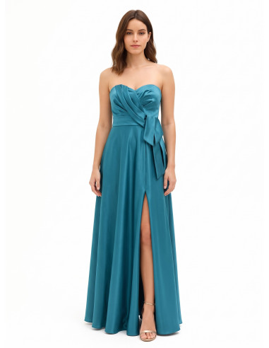 Vestido comprido em cetim com racha à frente Rinascimento