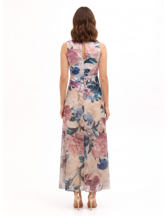 Vestido comprido com corpete de cetim e saia de georgette com flores Rinascimento 2