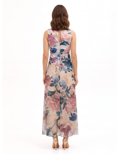 Vestido comprido com corpete de cetim e saia de georgette com flores Rinascimento