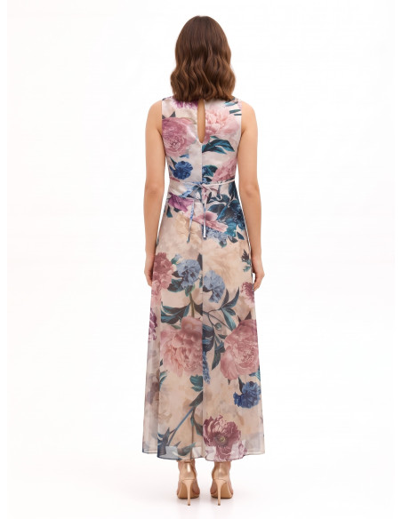 Vestido comprido com corpete de cetim e saia de georgette com flores Rinascimento