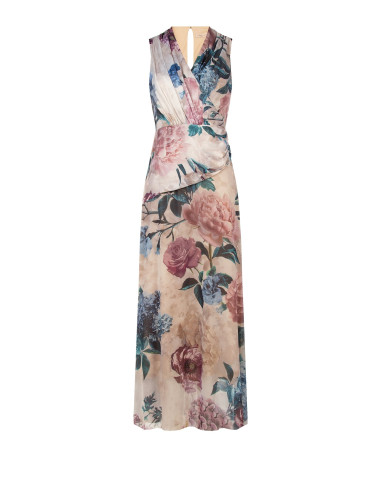 Vestido comprido com corpete de cetim e saia de georgette com flores Rinascimento