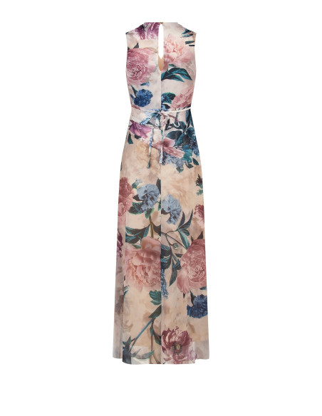 Vestido comprido com corpete de cetim e saia de georgette com flores Rinascimento