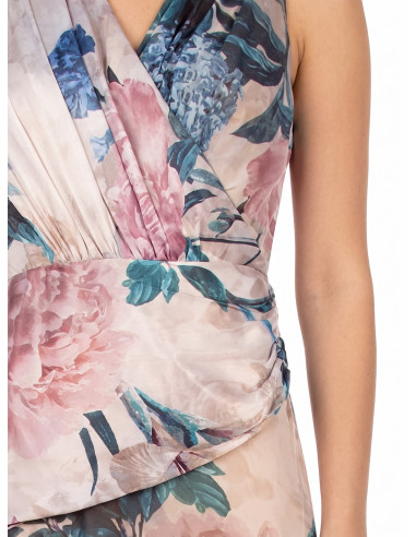 Vestido comprido com corpete de cetim e saia de georgette com flores Rinascimento