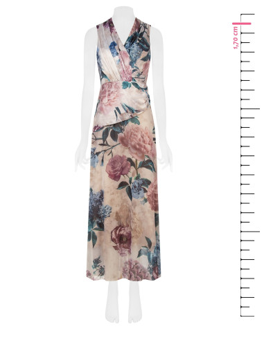 Vestido comprido com corpete de cetim e saia de georgette com flores Rinascimento