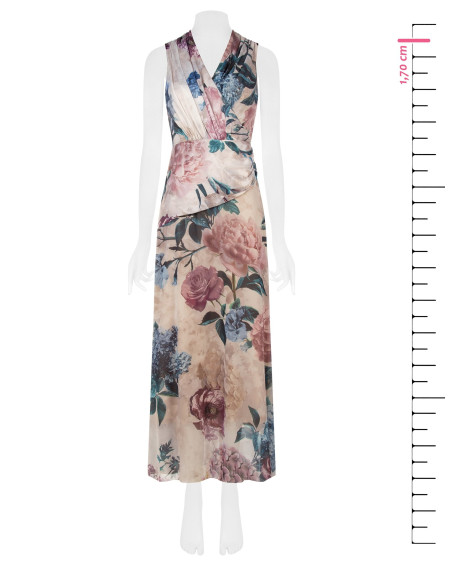 Vestido comprido com corpete de cetim e saia de georgette com flores Rinascimento