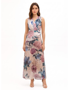 Vestido comprido com corpete de cetim e saia de georgette com flores Rinascimento