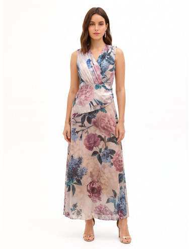Vestido comprido com corpete de cetim e saia de georgette com flores Rinascimento