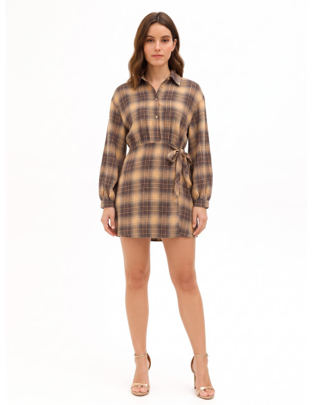 Vestido curto aos quadrados em mistura de viscose com nó na lateral Rinascimento