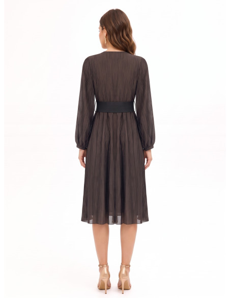 Vestido midi em mistura de liocel plissado com cinto elástico a condizer Rinascimento
