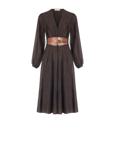 Vestido midi em mistura de liocel plissado com cinto elástico a condizer Rinascimento