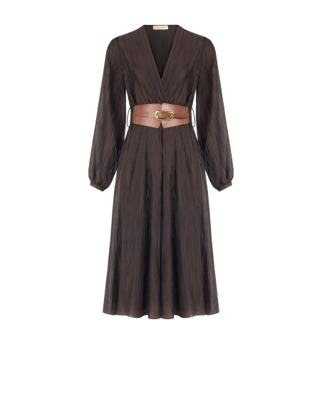 Vestido midi em mistura de liocel plissado com cinto elástico a condizer Rinascimento