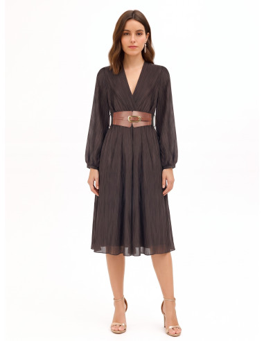Vestido midi em mistura de liocel plissado com cinto elástico a condizer Rinascimento