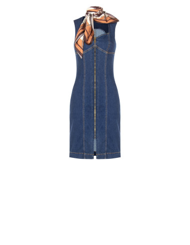 Vestido justo de ganga com fecho frontal e lenço a condizer Rinascimento