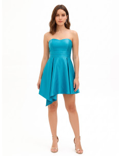 Vestido curto rodado em cetim com saia assimétrica Rinascimento
