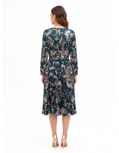 Vestido Comprido em Cetim Plissado com Padrão Barroco Rinascimento