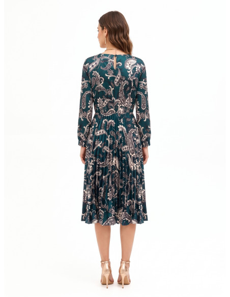 Vestido Comprido em Cetim Plissado com Padrão Barroco Rinascimento