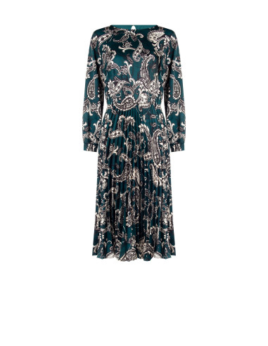 Vestido Comprido em Cetim Plissado com Padrão Barroco Rinascimento