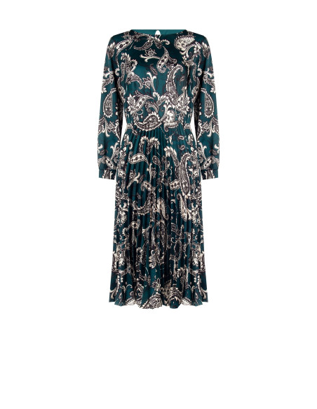 Vestido Comprido em Cetim Plissado com Padrão Barroco Rinascimento