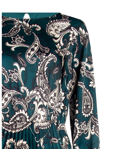 Vestido Comprido em Cetim Plissado com Padrão Barroco Rinascimento